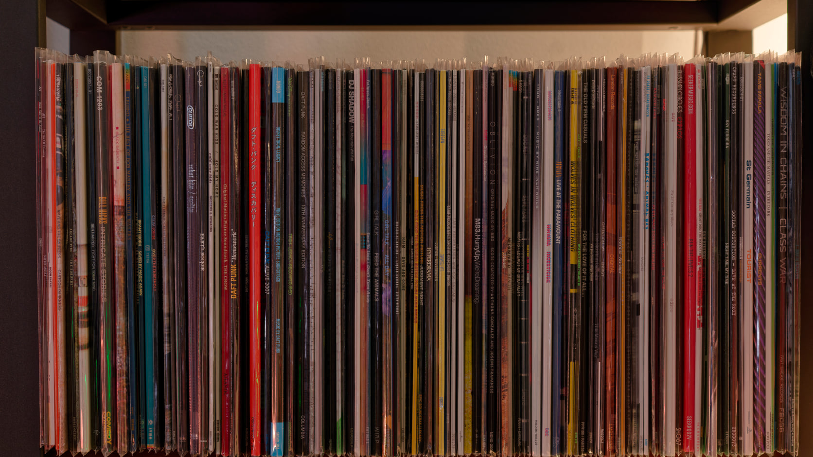 A shelf packed edge to edge with vinyl records in protective sleeves under warm directional light.