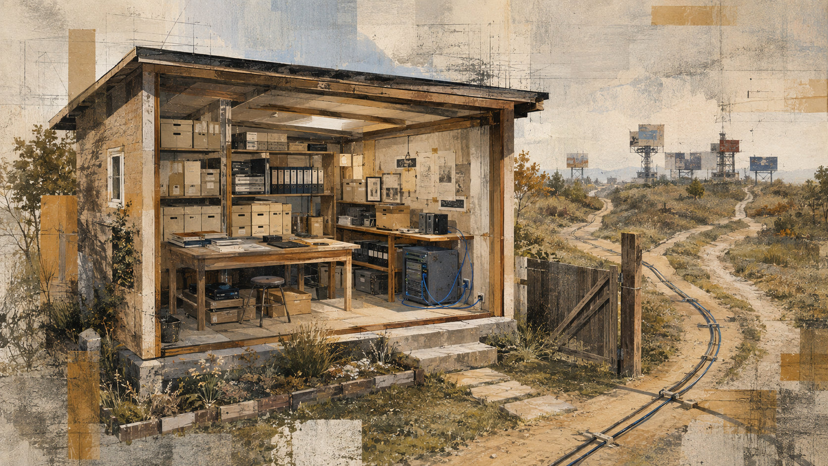 An open-sided backyard workshop holds archive boxes, source materials, and a compact server while paths lead through its gate toward distant platforms.