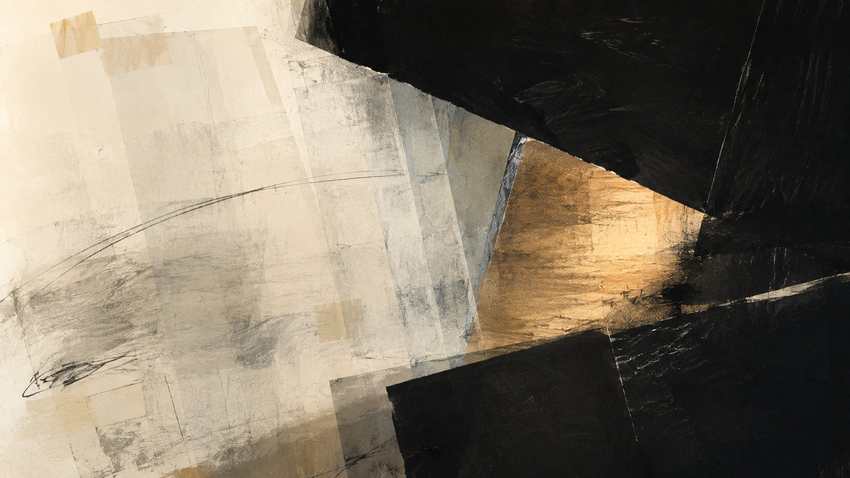 Translucent pale exposure layers are narrowed by matte charcoal masks into one sharply shaped amber pool of light.