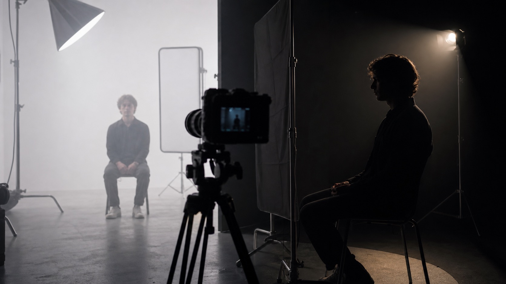 A film set split between flat fill light and shaped shadow