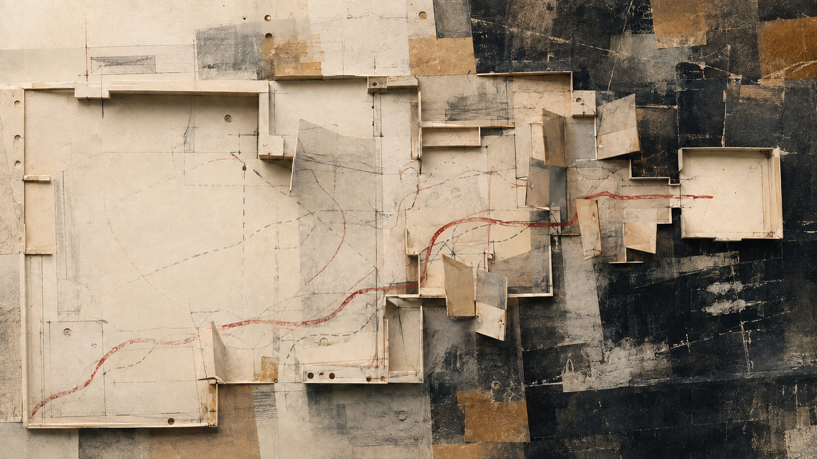 A constructed cream-board floor plan tightens through hinged walls as a red grease-pencil route crosses into a final small chamber.