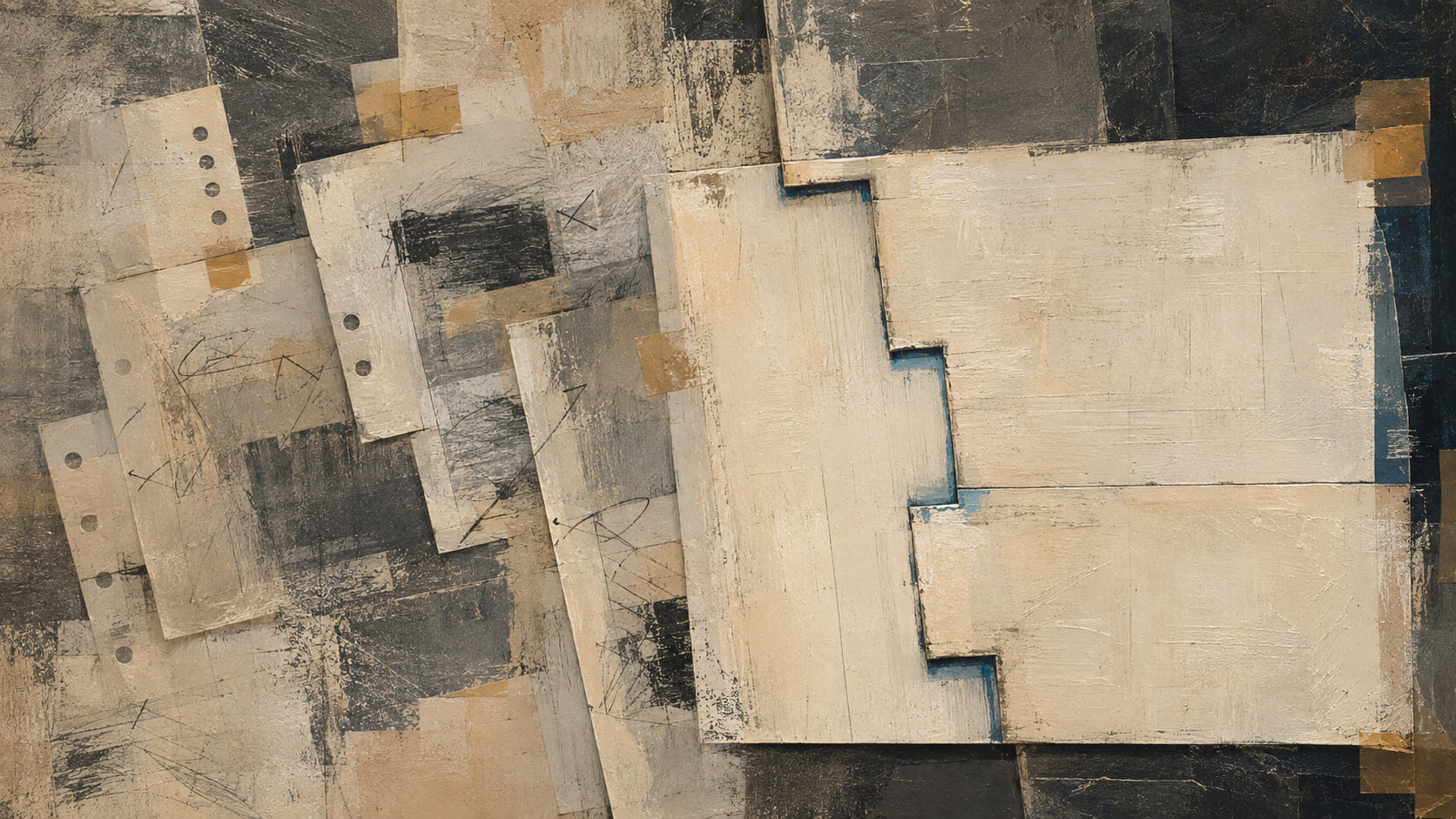 A dense field of punched and marked fragments narrows into two cream panels locked together by a blue-edged stepped seam.