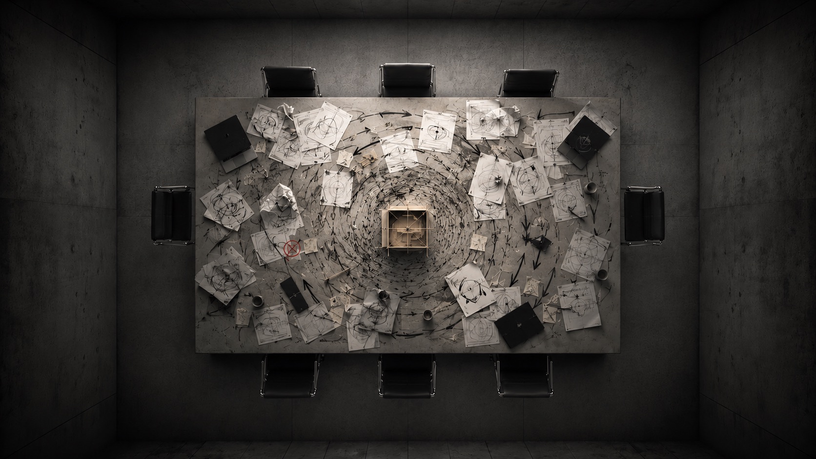A sealed conference room seen from above, with notes and arrows circling an untouched project model on the table.