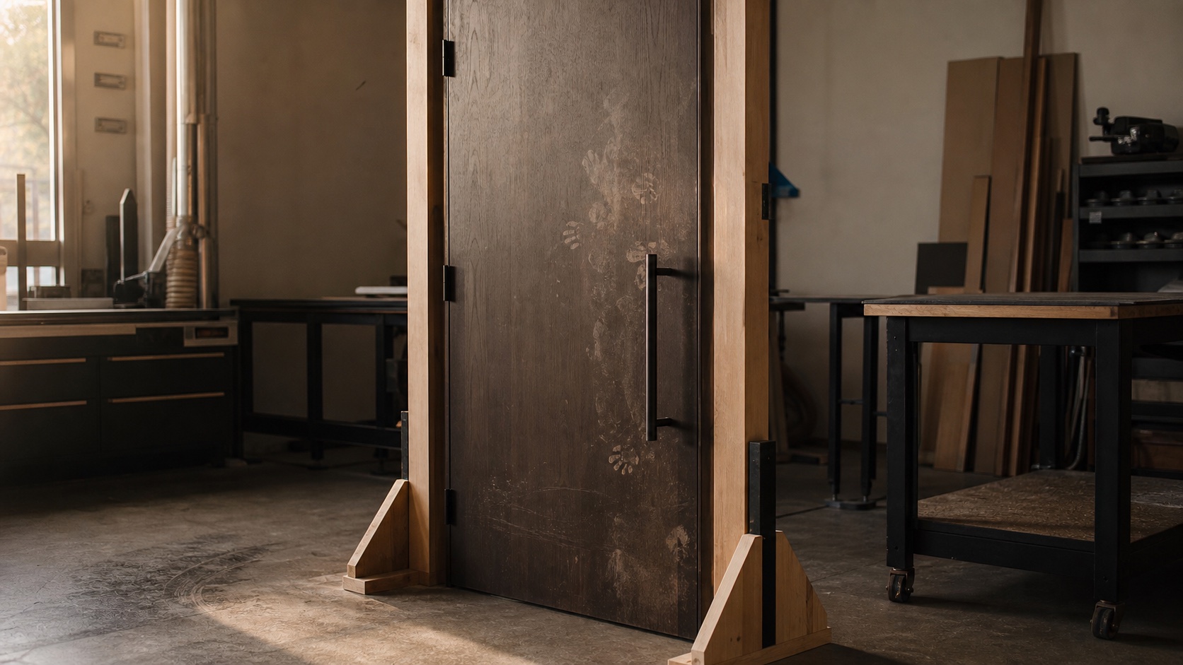 Handprints and scuffs cluster across the panel and wrong edge of a door prototype while its pull handle remains comparatively clean.