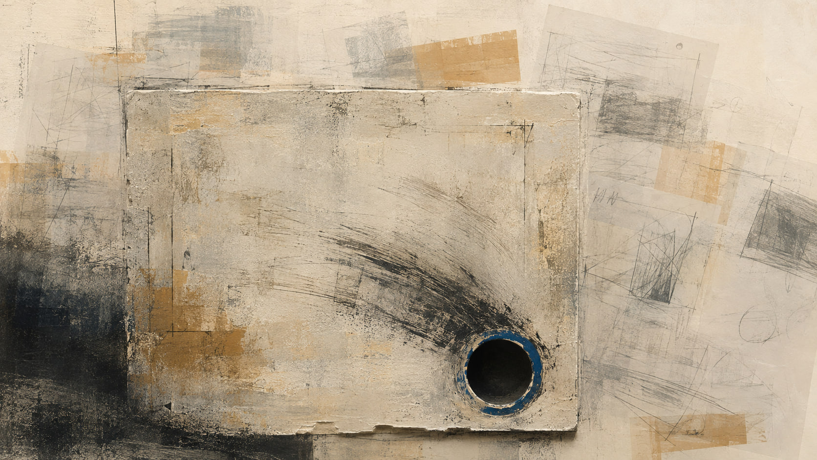A charcoal wear trail sweeps across a scuffed cream panel toward a single cobalt-ringed circular opening.