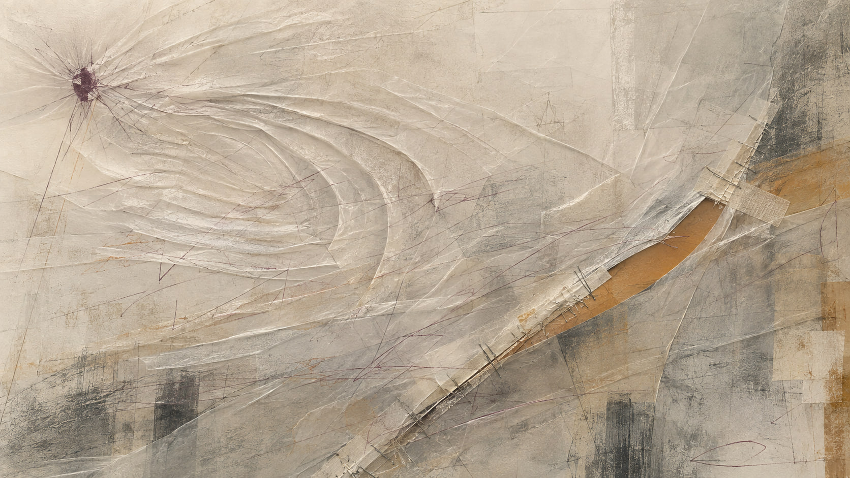 Fine folds radiate from a small plum pressure point across translucent material toward a stitched amber seam.