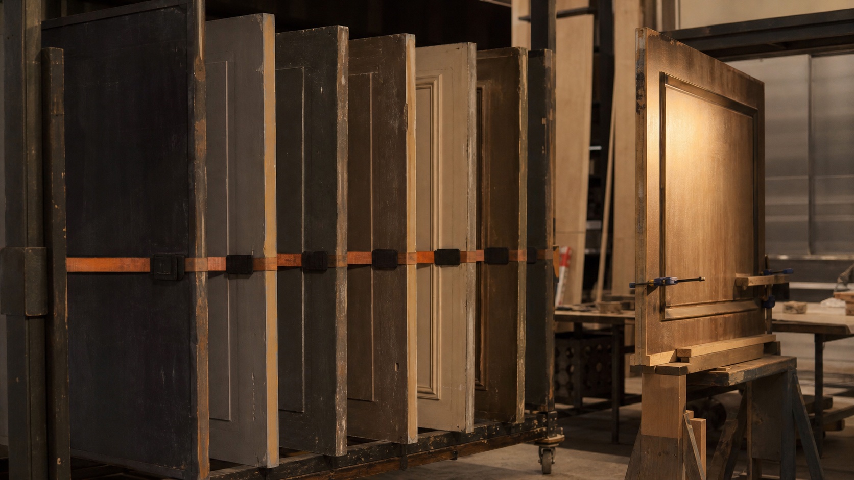 Six scenic sample panels are strapped face-in on a shop rack while one selected panel stands in the active finishing bay.