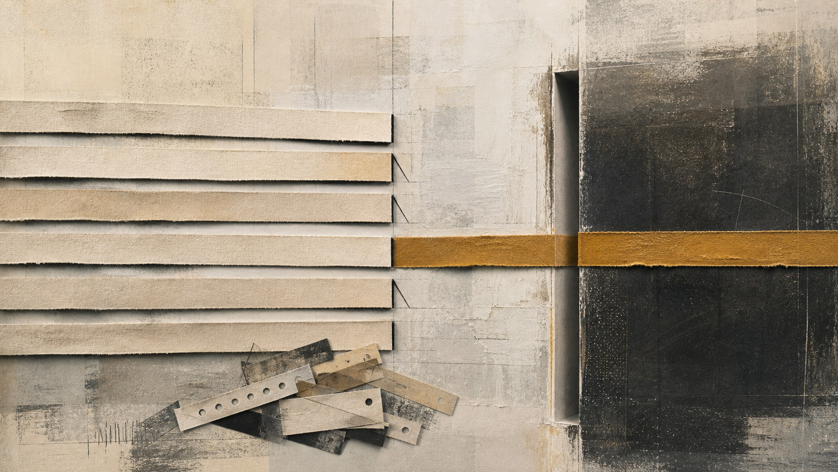 Six pale material strips stop at clean cuts while one ochre band continues through a narrow dark threshold.