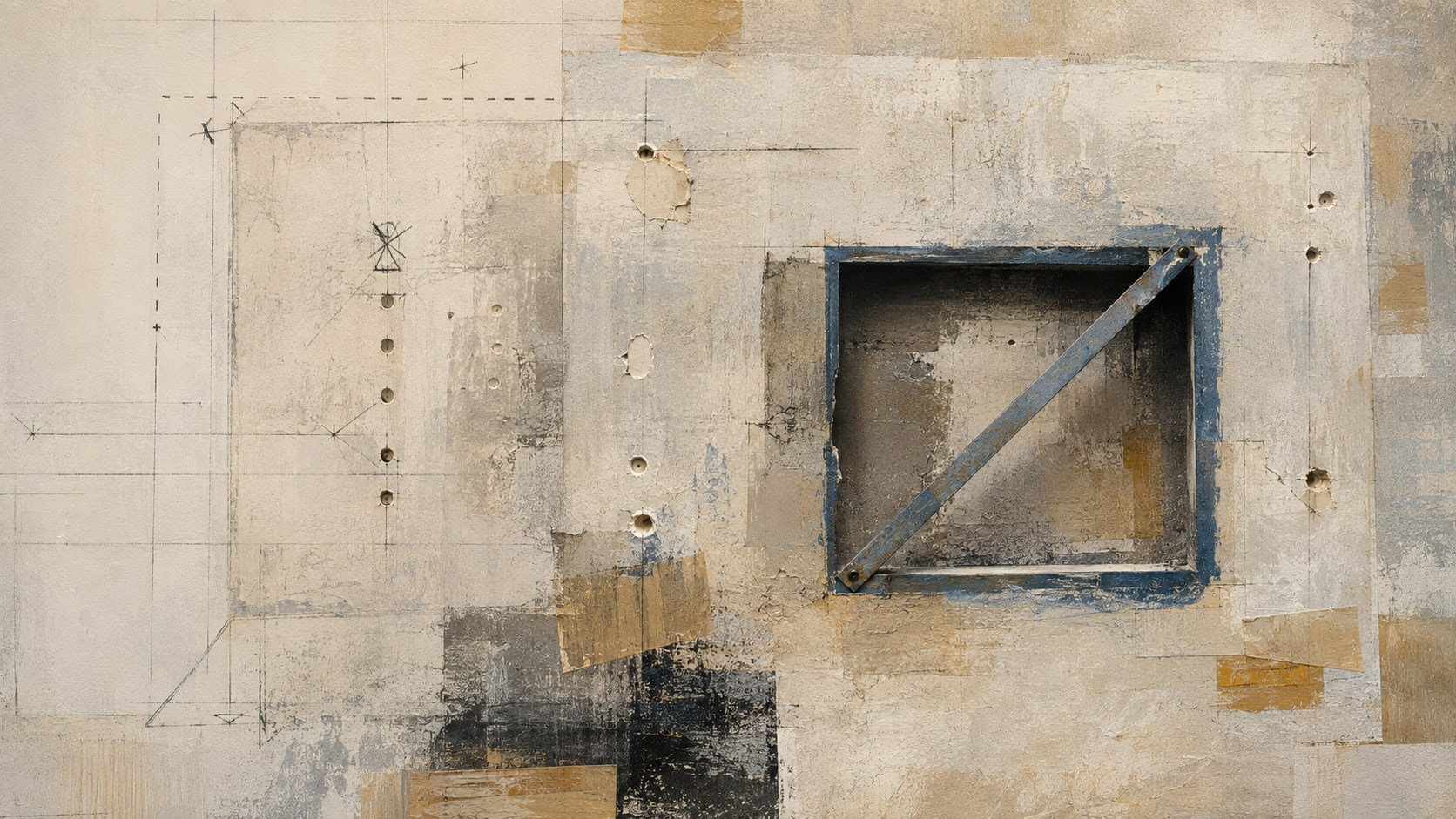 Ghosted layout lines and patched holes surround a blue-edged opening held by a single diagonal brace.