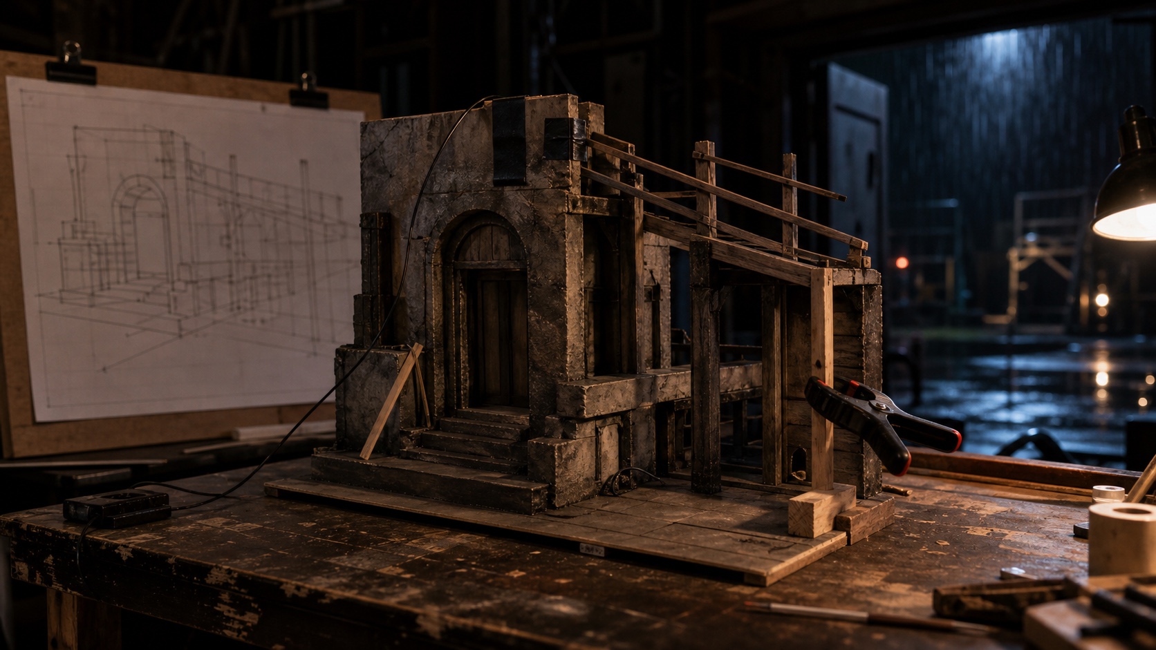 A patched practical-set model under a work light, with its pristine original plan blurred behind it.