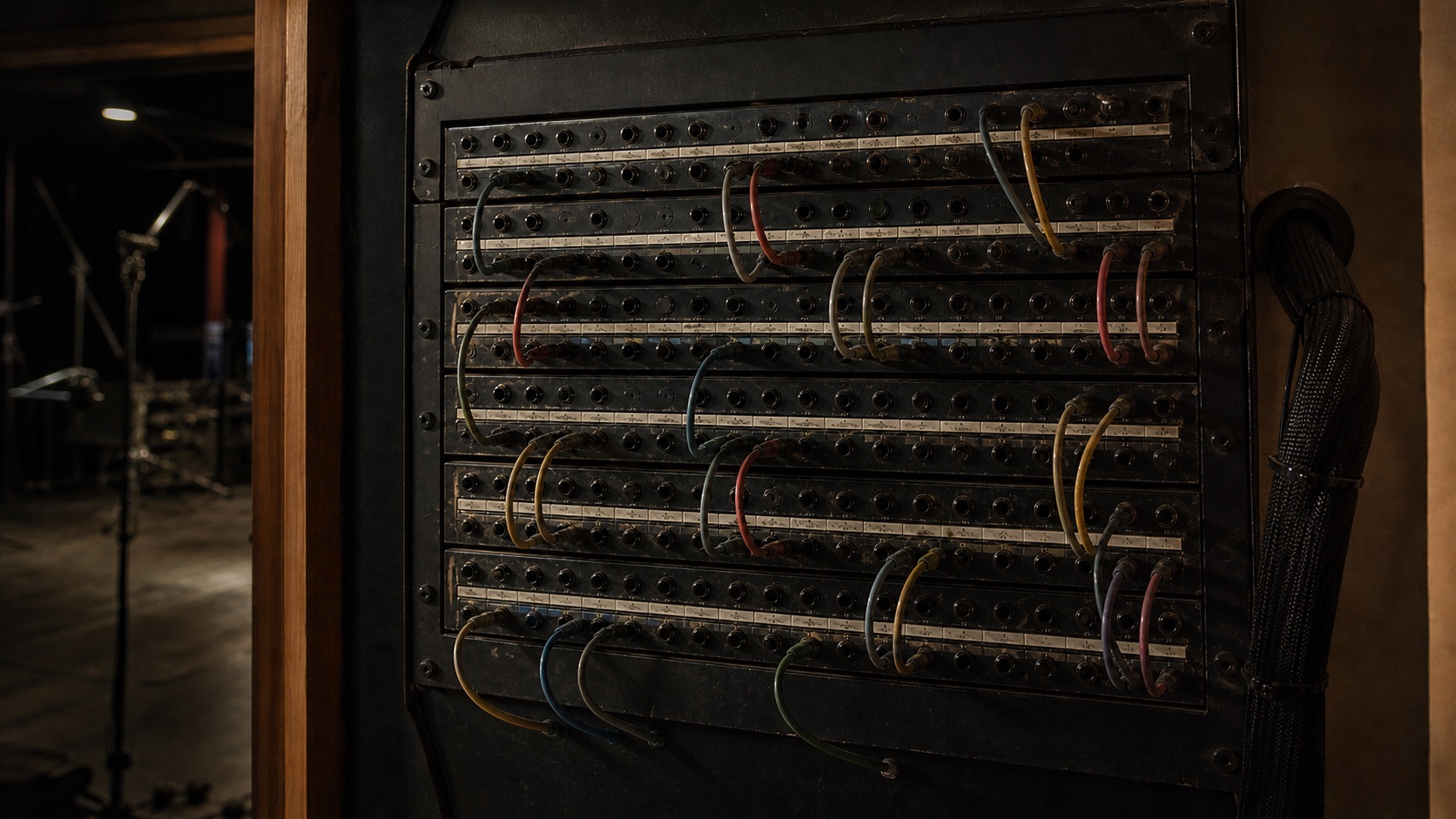 A worn analog studio patch bay with short, orderly colored cables beside the dark doorway of a soundstage.
