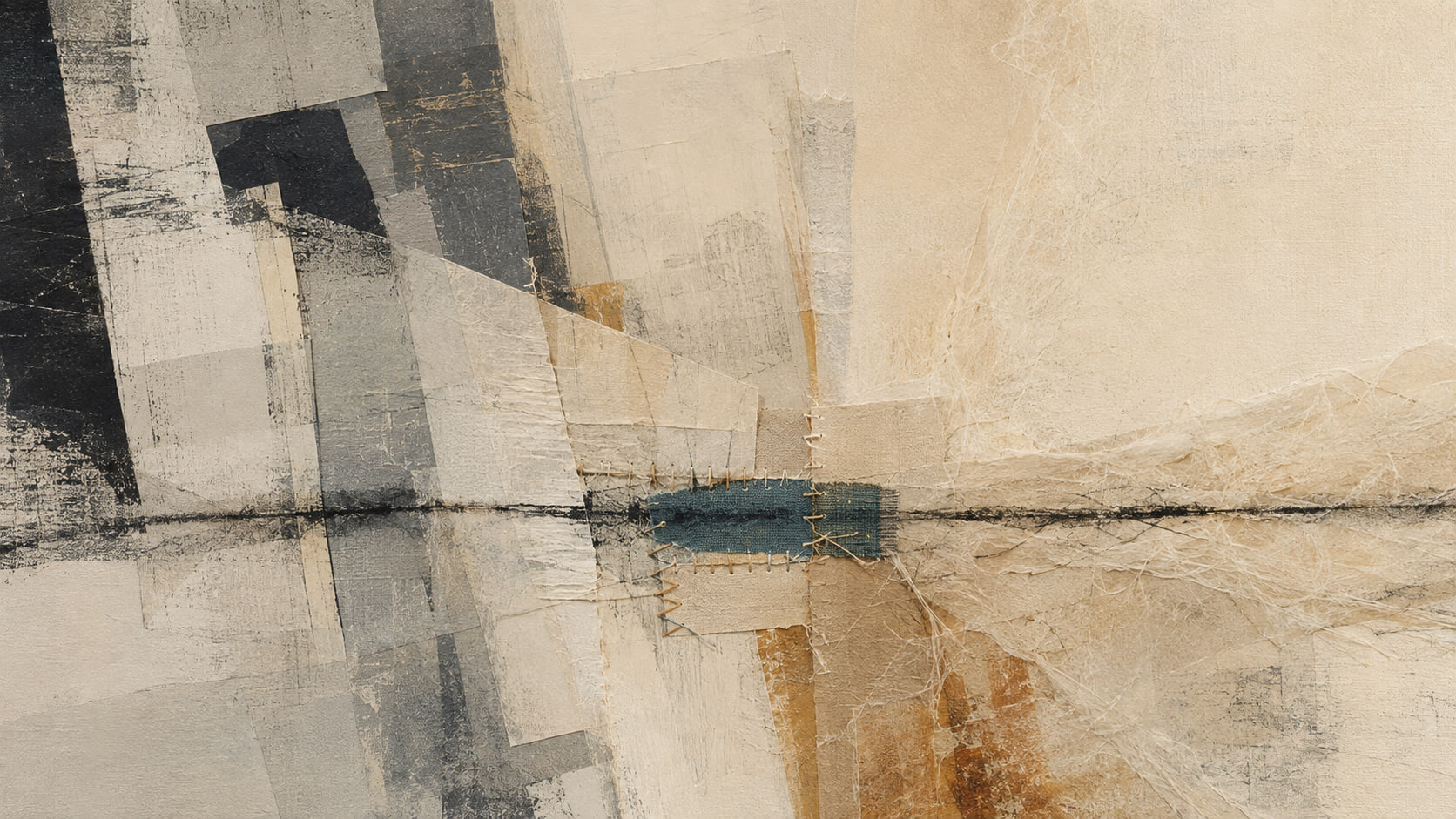 Rigid painted fragments and loose fibrous material meet at a small teal stitched splice carrying one charcoal line across the frame.