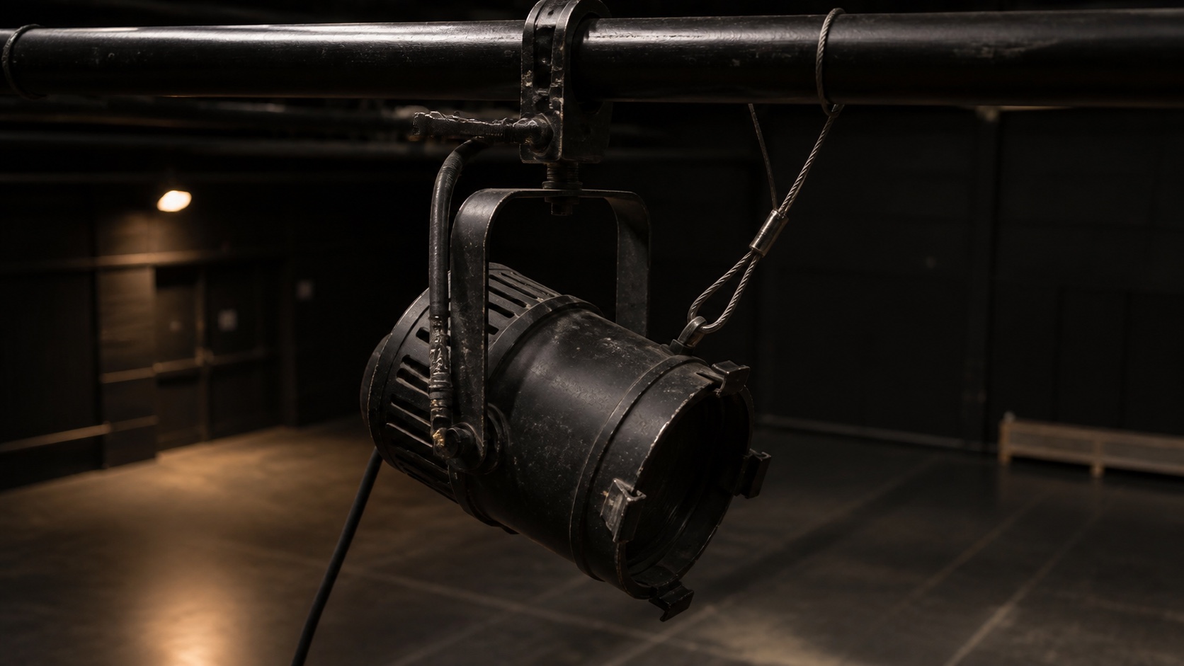 A work-worn stage light secured by a primary clamp and an independent safety cable above an empty rehearsal space.
