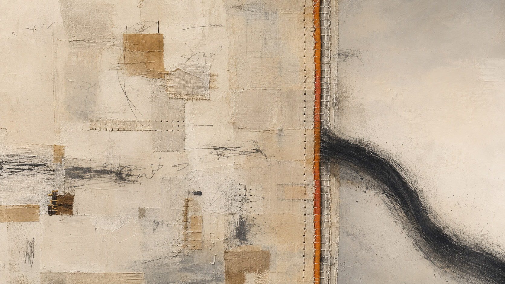 Small patches repair a pale working field while a heavy charcoal stroke bends along an orange reinforced seam.
