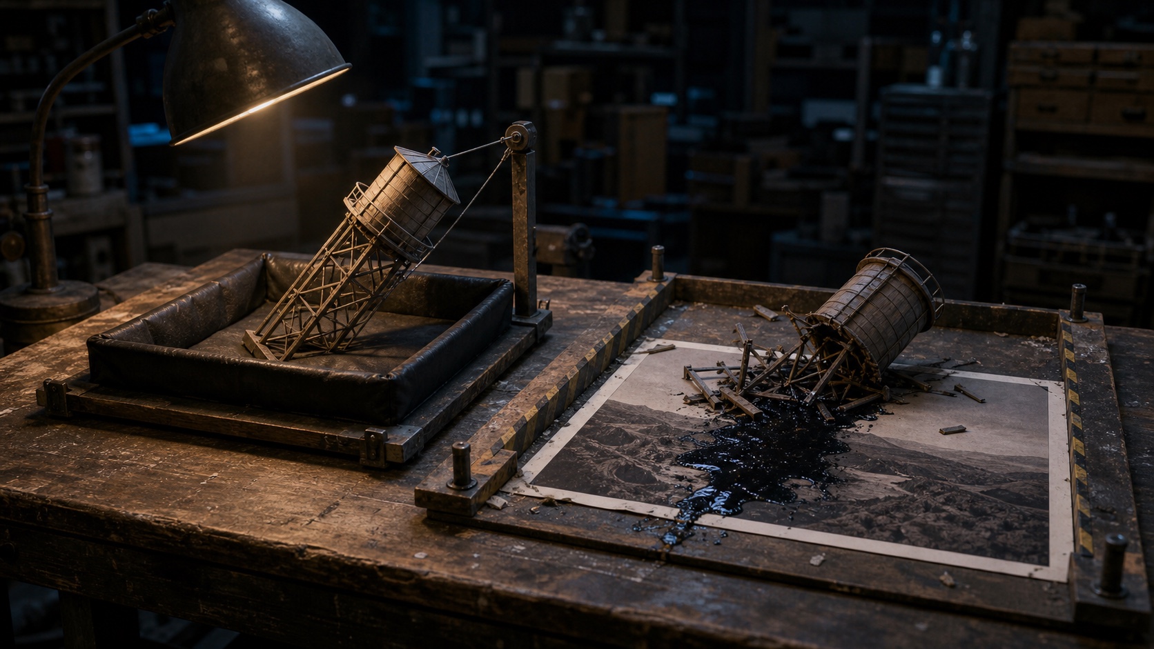 Two miniature failure tests on a production bench: one structure caught intact by a safety system, the other broken over a finished print stained with ink.