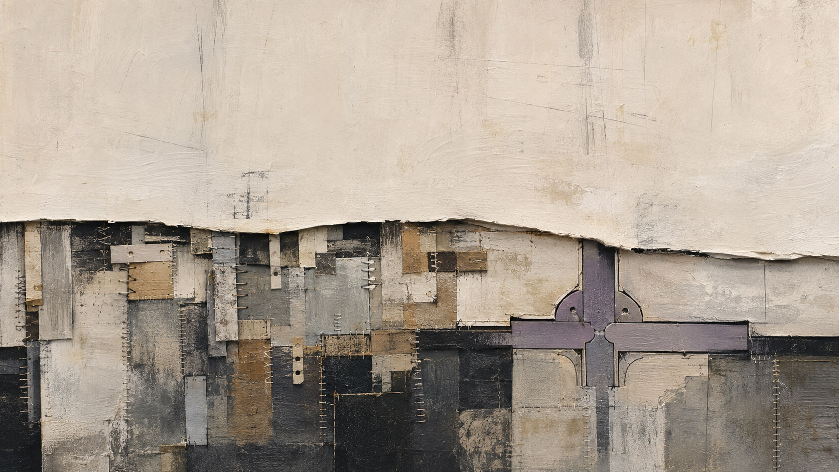 A smooth cream surface lifts to expose dense stitched supports below, ending in a violet-gray interlocking joint.