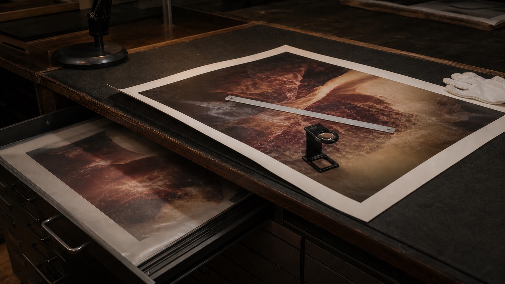 A large photographic proof sits under a metal ruler and folding loupe on a worn inspection bench, while an alternate proof remains protected in an open flat-file drawer.