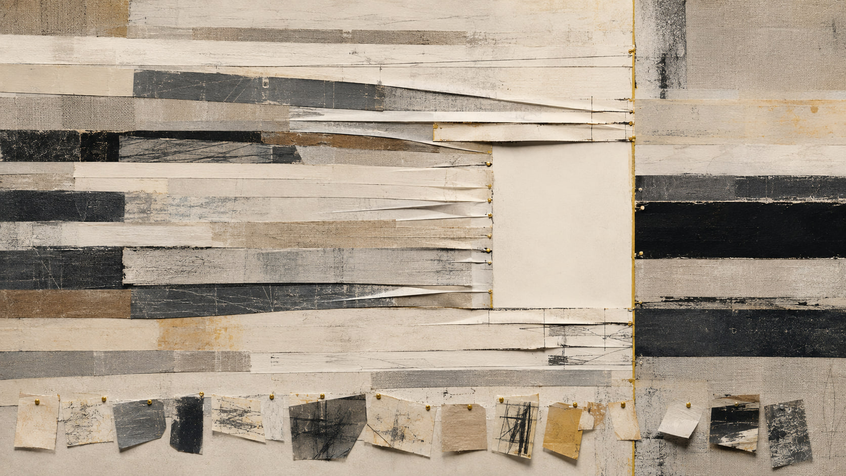 Crowded material strips tighten toward a pinned edge around a deliberate blank opening, with removed fragments retained below.