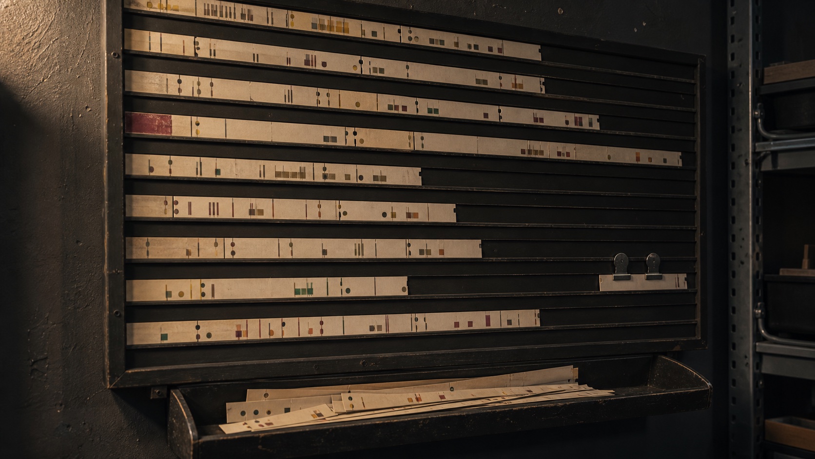 A worn wall-mounted production stripboard holds orderly rows of paper schedule strips, with a cleared section and the removed strips gathered in a shallow tray below.