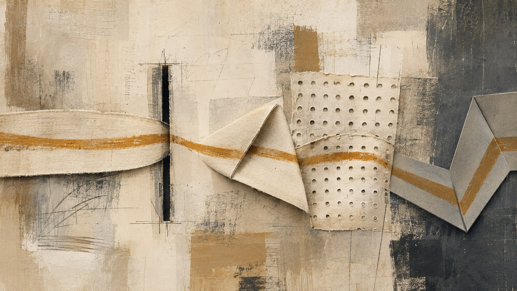 A cream ribbon passes through a slit, fold, and perforated surface while one amber trace remains continuous inside it.