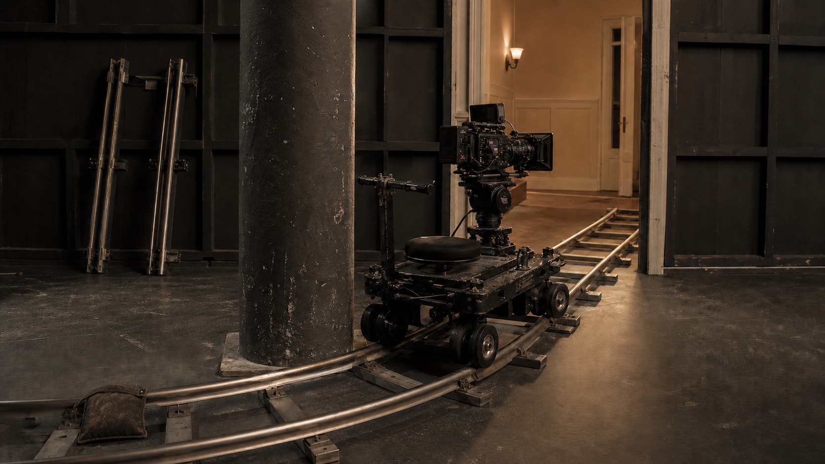 A black cinema camera on a dolly follows curved steel track around a scuffed stage column toward a warmly lit practical set, while unused straight rails lean against the wall.