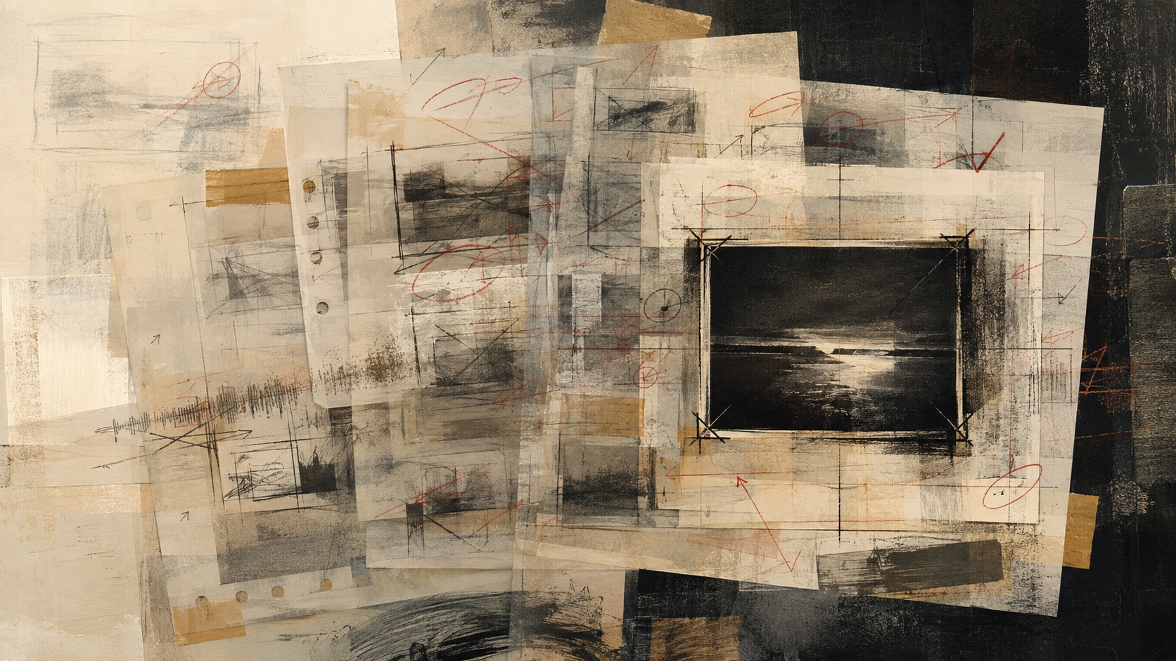 Layered translucent production notes and sketch frames converge on a single dark landscape frame, marked with charcoal and red pencil.