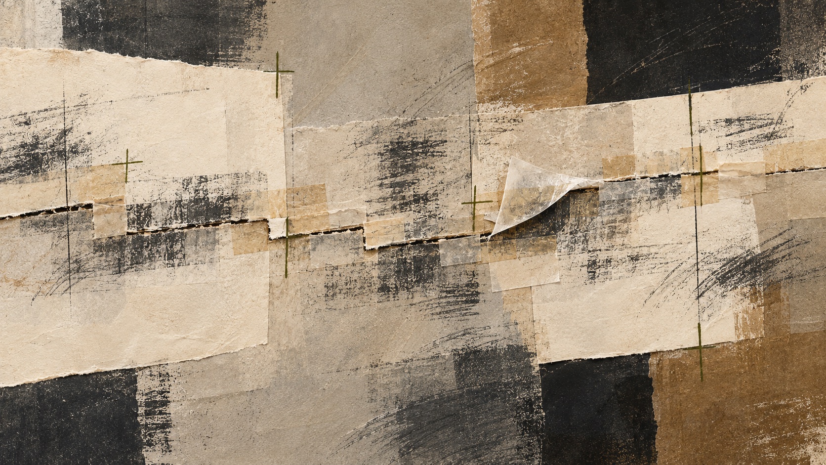 Cream and charcoal paper sections meet along a stepped seam reinforced with translucent tape, with one lifted edge exposing earlier repairs and olive alignment marks.