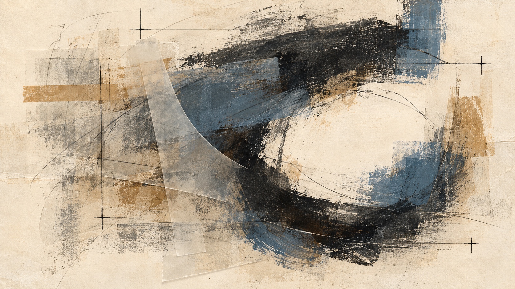 Charcoal and slate-blue brushwork curves around an open cream center, with translucent vellum, faint pencil contours, and precise registration marks.