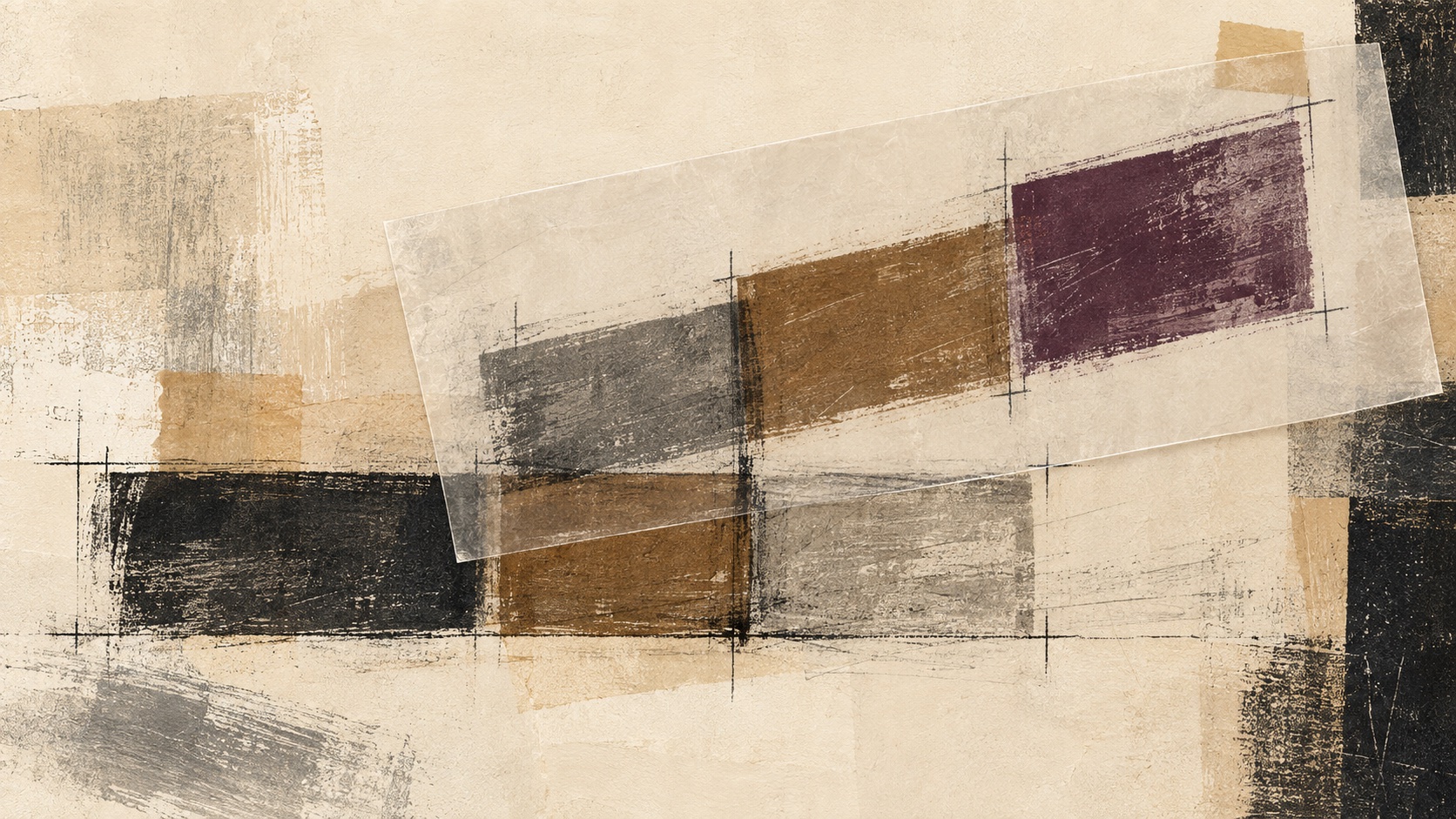A translucent overlay shifts charcoal, tobacco, and muted aubergine blocks diagonally above an earlier horizontal arrangement, with fine registration marks visible through both versions.