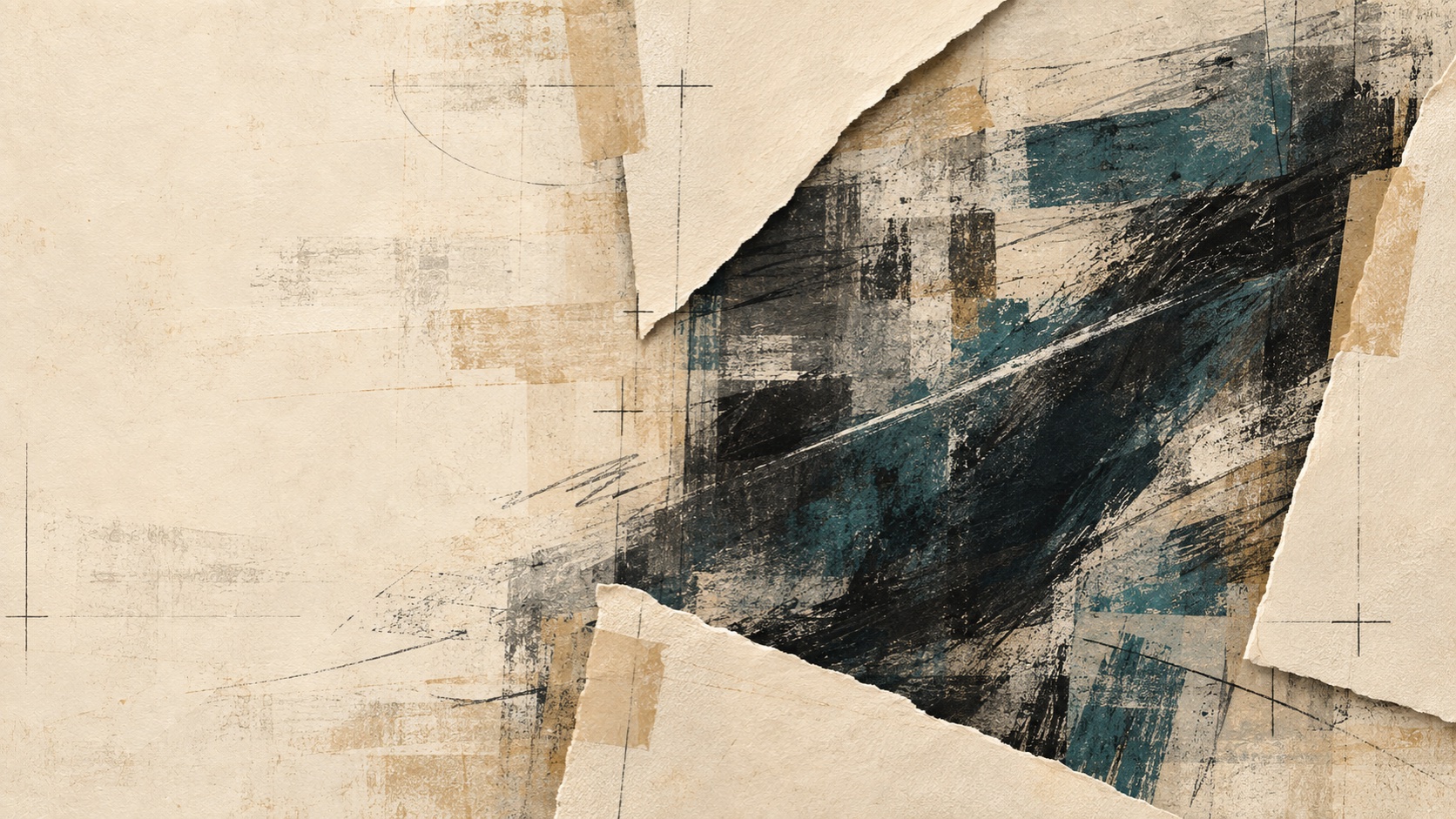 Cream paper edges form an irregular opening around diagonal charcoal and muted teal brushwork, with faint crop lines, registration marks, and small taped seams.