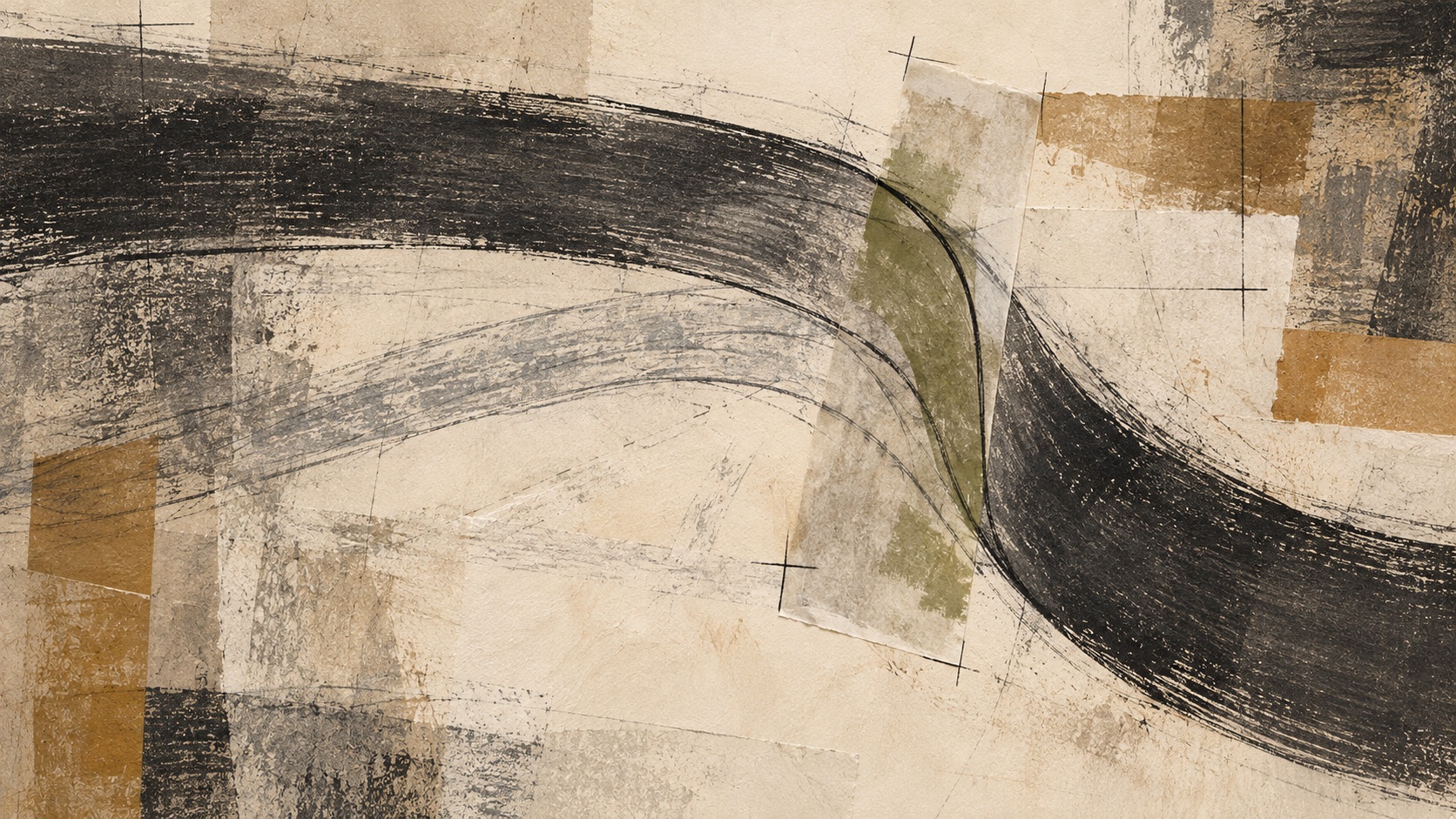 A broad charcoal curve crosses cream paper, with a translucent olive-marked strip revising its bend and faint earlier graphite curves visible underneath.