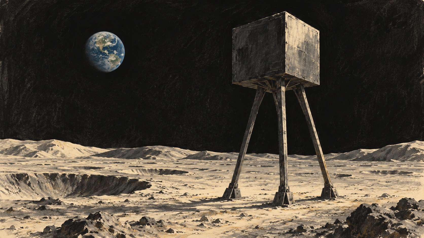 A cube atop a tall three-legged tower on a cratered lunar plain, with Earth in the dark sky.